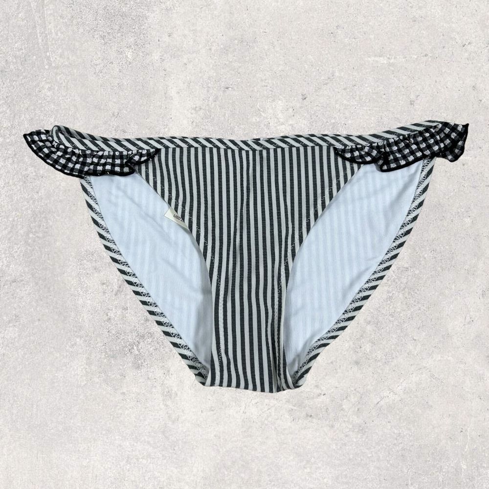 Aerie Swim Bottom Ruffle Bikini Gingham Plaid Stripe Gray White XXS NWT